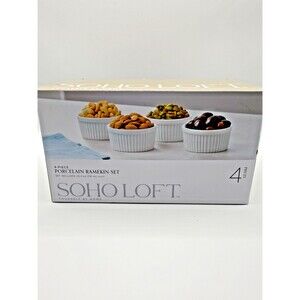 SOHO Loft 4 Pc Porcelain Ramekin Set White Oven Safe Baking Bowls Kitchen Dish